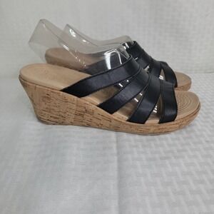 Crocs Womens 9 A Leigh Wedge Sandals Black Leather Cork Platform Slip On